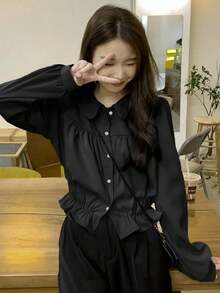 1pc Spring Casual Solid Color Button-Up Long Sleeve Shirt Black - Black - View 4