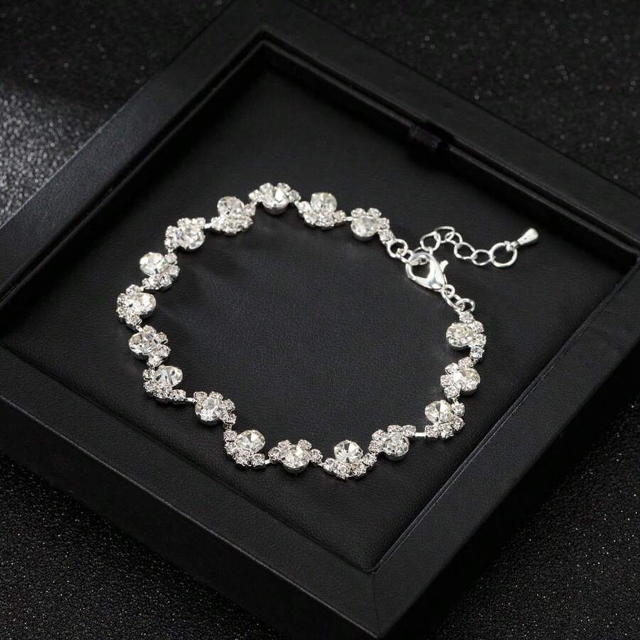 925 Silver Plated Diamond Flower Bracelet Adjustable Chain Bracelet For Women - 銀色 - 查看 1