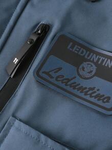 LEDUNTINO Men's Casual Outdoor Warm Thick Jacket, Sports Patchwork, Boyfriend Gift, Detachable Hood, Multiple Pockets, Letter Print, Hook And Loop Design, Windproof, Spring/Autumn Windbreaker, Boyfriend Style - Blue - View 6