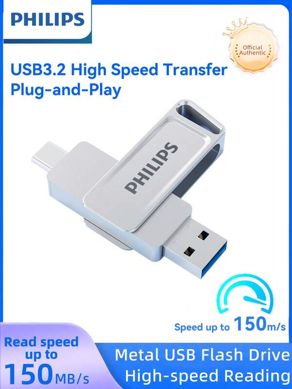 PHILIPS محرك فلاش USB نوع-C، محرك ثنائي OTG بتصميم دوار USB-A وUSB-C 3.2 الجيل الأول بسرعة قراءة 150 ميجابايت/الثانية، محرك أقراص مصغر للاتصال المباشر USB 3.0، ذاكرة خارجية لهواتف أندرويد الذكية والكمبيوتر المحمول والكمبيوتر المكتبي