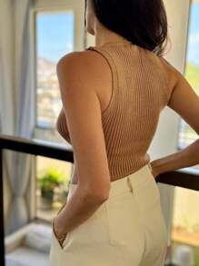 V-NECK TANK TOP KNITTED MODAL SUMMER NEW COLLECTION - 米色 - 查看 3