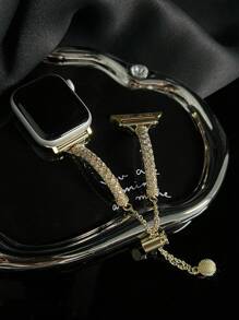 1pc Compatible With Apple Watch Band Women's Exquisite Slim Metal Bracelet With Rhinestone Smart Band, Compatible With Apple Watch38/40/41/42/44/45/46/49mm, Compatible With Apple Watch Series Ultra/SE/10/9/8/7/6/5/4/3/2/1, Length Can Be Adjusted Without Tools, Cute And Considerate Business Metal Bracelet, Can Be Matched With Any Outfit, Can Also Be Given As A Girlfriend's Birthday Gift Valentine's Day Gift - Gold - View 4