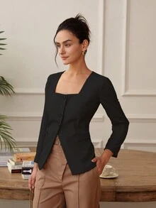 女士优雅办公风格纯色腰部收紧方领西装外套 - 黑色 - 查看 5