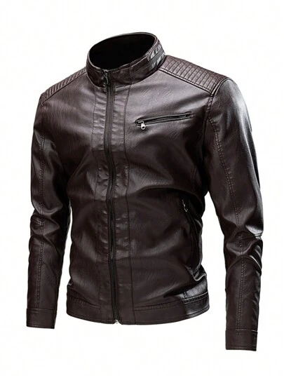 男士拉链长袖修身时尚PU皮革机车夹克，适合秋冬