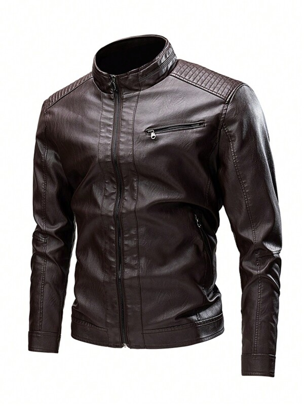 Veste de moto en PU ajustée avec fermeture éclair et manches longues pour hommes