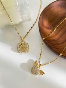 Monlansher 1pc Women's New Stainless Steel Chain Necklace With Handcrafted Copper Zirconia Cross & Double Heart Pendant, Fashionable & Luxurious - Gold - View 9