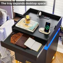 Nightstand With Charging Station USB Port And LED Light, 3 Drawer Bedside Table With Pull Out Tray And Gold Leg - Black - View 4