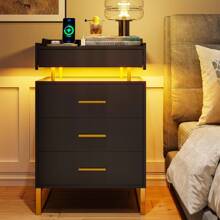 Nightstand With Charging Station USB Port And LED Light, 3 Drawer Bedside Table With Pull Out Tray And Gold Leg - Black - View 2