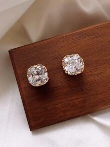 1 Pair Square Crystal Stud Earrings, Elegant Geometric Fashion Jewelry For Daily Wear Women