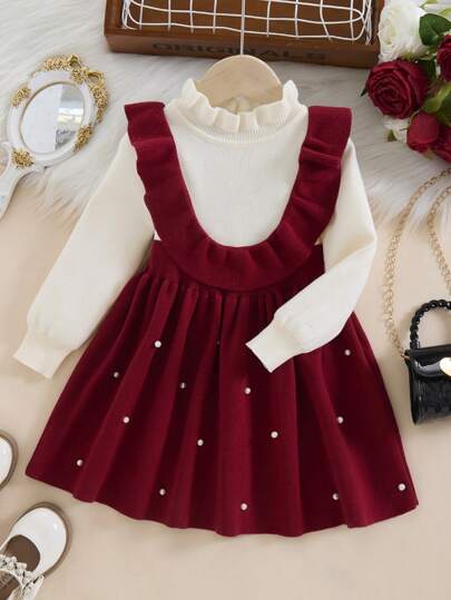 1 件年轻女孩白色和红色撞色花卉蕾丝花边圆领长袖公主风格珍珠荷叶边下摆毛衣连衣裙，秋季