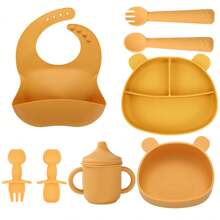 8 pezzi/set Stoviglie di alimentazione per bambini, piatti in silicone con base a ventosa, bavaglini regolabili, forchette, cucchiai, tazza per snack e tazza per paglia in silicone