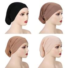 4 Peças/Conjunto Touca Hijab Interna de Cor Sólida, Chapéu Turbante Respirável e Elástico, Acessórios de Abaya, Roupa Interna Diária Sob o Véu para Mulheres