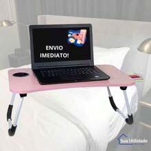 Pink Laptop Desk With Drawer Cup Holder And Tablet Slot Sofa Stand Wooden Folding Table Portable Home Office Multipurpose - 淺粉色 - 查看 1