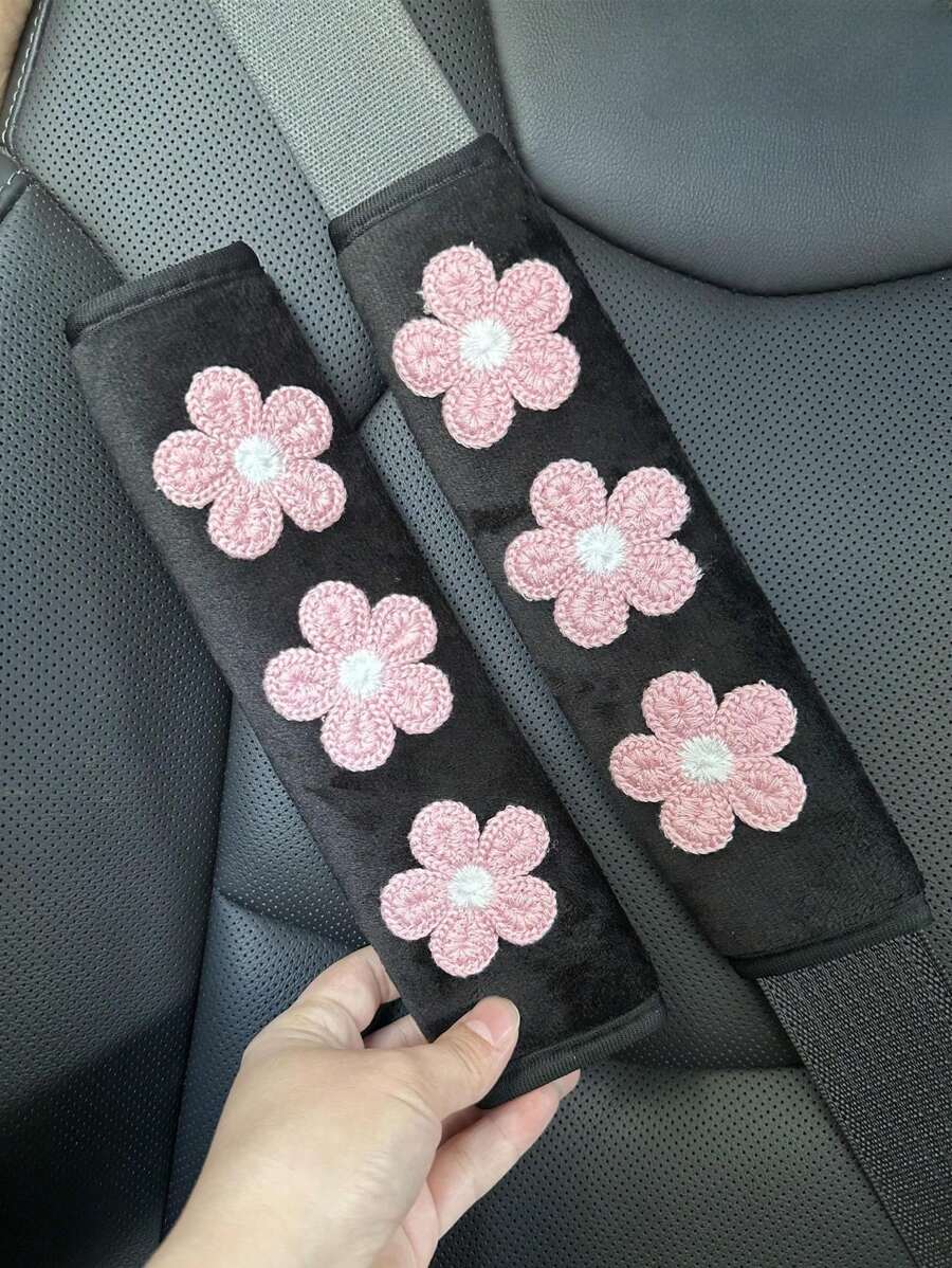 1件/2件装汽车安全带肩垫，带3朵小花，适用于所有车型