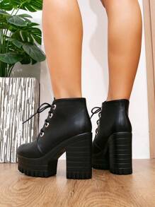 女短靴2025新款高跟防水台系带罗马靴秋冬英伦风厚底方跟短靴时尚女鞋 - 黑色 - 查看 5