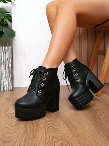 女短靴2025新款高跟防水台系带罗马靴秋冬英伦风厚底方跟短靴时尚女鞋 - 黑色 - 查看 3