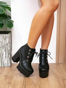 女短靴2025新款高跟防水台系带罗马靴秋冬英伦风厚底方跟短靴时尚女鞋 - 黑色 - 查看 1