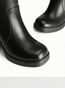 Women's Chunky Block Heel Knee High Boots Square Toe  Side Zipper Platform Solid Color Fashionable Gogo Boots - 黑色 - 查看 7