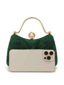 New Arrival Design Women Evening Bags Event Wedding Bridal Handbags Bow Satin Ruched Handle Clutch Pink Color Glitter Box Banquet Gift Handbags - Green - View 3