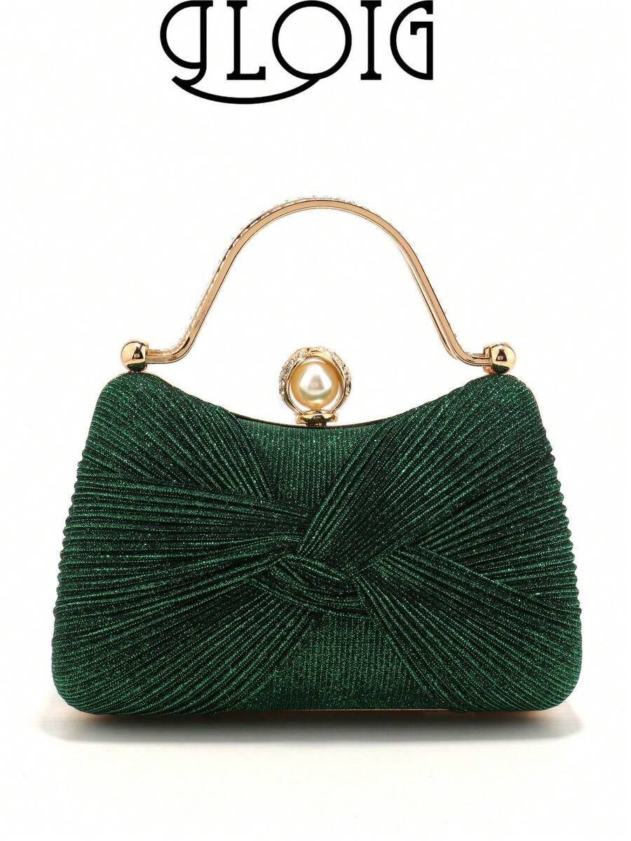 New Arrival Design Women Evening Bags Event Wedding Bridal Handbags Bow Satin Ruched Handle Clutch Pink Color Glitter Box Banquet Gift Handbags - Green - View 1