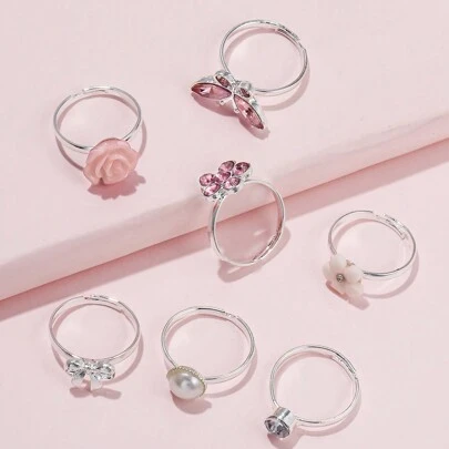 7pcs Girls Rhinestone Detail Ring