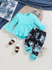 Baby Girl Blue Floral Print Puff Sleeve Sweater And Pants, Autumn Winter - Blue - View 1