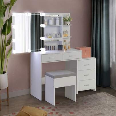 Particleboard Triamine Veneer 5 Pumps 2 Shelves Mirror Cabinet Three Dimming Light Bulb Dressing Table Set White