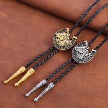 1pc Adjustable Leather Long-Horned Bull Head & Horse Horseshoe Country Party Bolo Tie, Cowboy Western Style Shirt Collar Accessory, Unisex Casual Party Wedding Groomsman Gift Leather Cord Necklace Pendant