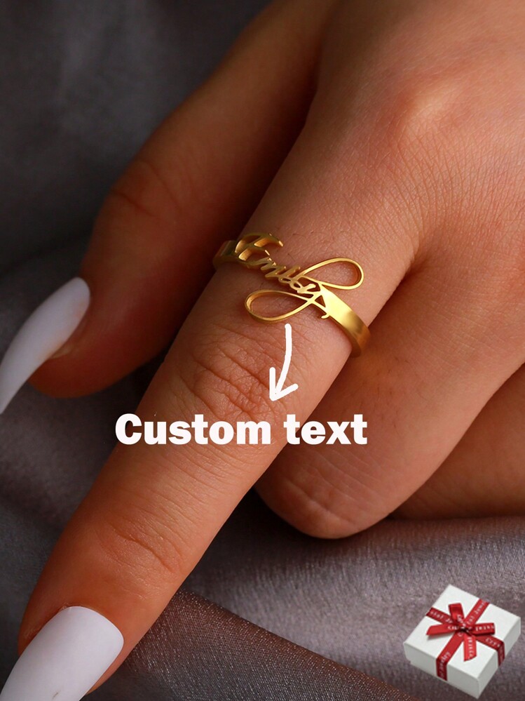 1 chiếc nhẫn thép không gỉ khắc tên tùy chỉnh, nhẫn khắc tên cá nhân, màu vàng thời trang, quà tặng trang sức phổ biến cho gia đình và bạn bè - Vàng - Xem 1