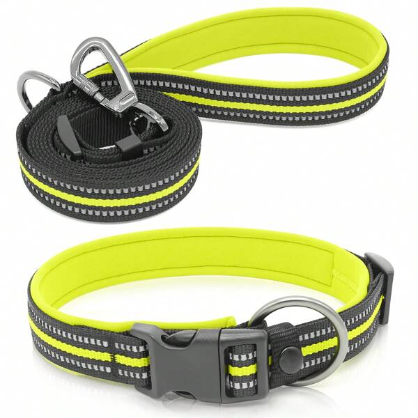Reflective Dog Collar And Leash Set With Neoprene Padded, Heavy Duty Dog Collar With 5 Feet Dog Lead For Dog Walking