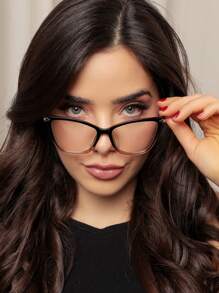 WOMEN'S CAT EYE GLASSES FRAME TR90 METAL TEMPLE ANTI UV400 LENS REST - 黑色配棕 - 查看 2