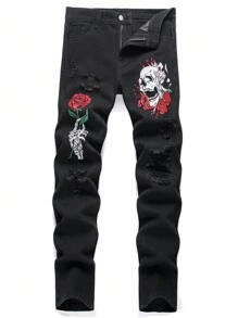 1 pièce Pantalon de survêtement pour homme Streetwear, avec motif brodé de crâne rose, détails de poche, tissu respirant en toile anti-déchirure et coupe épaissie pour les quatre saisons, adapté pour se promerner en ville, traîner et pour des activités de plein air parent-enfant.