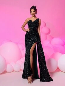 Kexmon Sequin Velvet High Waist Pleated V-Neck Split Front Long Wrap Cocktail Dress - Black - View 6