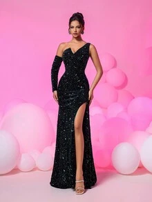 Kexmon Sequin Velvet High Waist Pleated V-Neck Split Front Long Wrap Cocktail Dress - Black - View 1