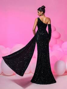 Kexmon Sequin Velvet High Waist Pleated V-Neck Split Front Long Wrap Cocktail Dress - Black - View 5