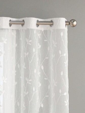 1pc Embroidered Sheer Curtain, Softens Light, Perforated, Grommet Top, Semi-Transparent Filtering Curtain, Suitable For Home Or Office Use, Solid Color, Farmhouse Style For Living Room, Bedroom, Balcony, Home Decor