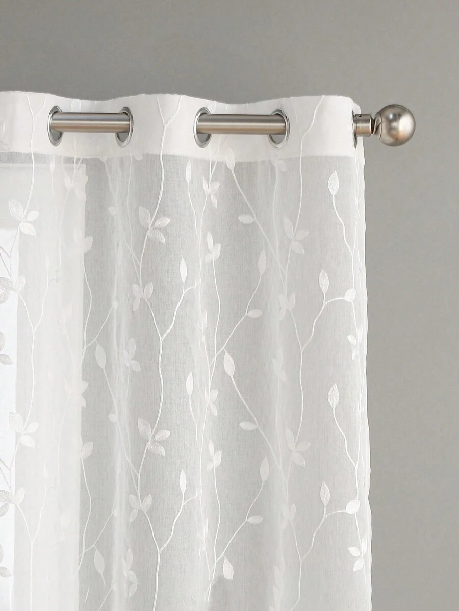 1pc Embroidered Sheer Curtain, Softens Light, Perforated, Grommet Top, Semi-Transparent Filtering Curtain, Suitable For Home Or Office Use, Solid Color, Farmhouse Style For Living Room, Bedroom, Balcony, Home Decor - White - View 1