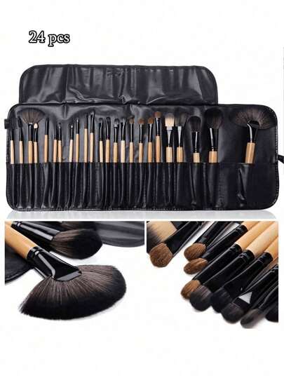 BRASUPER MAYORIS Diseño Elegante, Maquillaje Perfecto: Set de 24 Pinceles en Tonos de Madera Original 24-piece set of makeup brushes, available in stock, natural wood-colored makeup brush set with a brush bag included, makeup and beauty tools