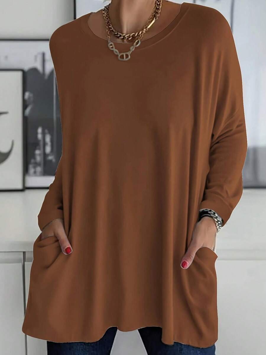 Plus Size Solid Color Casual Top With Pocket - Brown - View 1