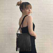 Western Style Fringe Crossbody Bag, Boho Style Shoulder Bag, Tassel Decor Square Purse, Casual Messenger Bag For Travel & Every Day, Portable Business Work, Satchel, Sling Bags, Hobo Fringe Crossbody Purse, Small Handbag, Bohemian Boho Style Bag, Everyday Bag, Chic And Western Style, Perfect For Coachella Festival, Cowgirl, Country Girl - Black - View 2