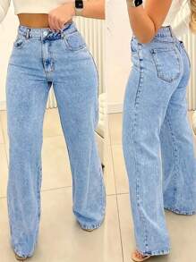 Chicsale Straight Jeans, Diagonal Pocket Loose Style Street Fashion Brand Loose Jeans, Ladies Jeans And Clothing - 淺色水洗藍 - 查看 1