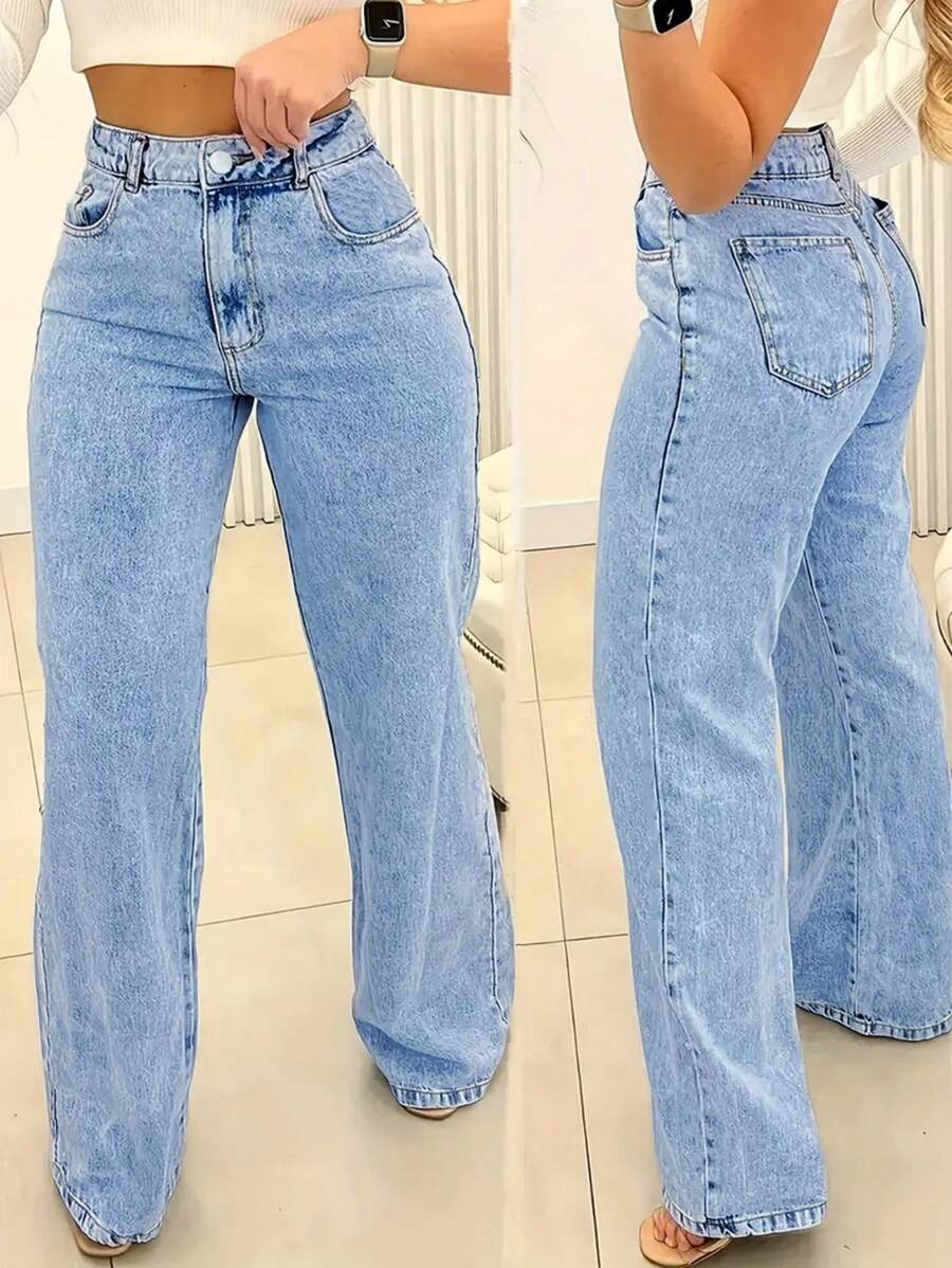 Chicsale Straight Jeans, Diagonal Pocket Loose Style Street Fashion Brand Loose Jeans, Ladies Jeans And Clothing - 淺色水洗藍 - 查看 1