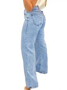 Chicsale Straight Jeans, Diagonal Pocket Loose Style Street Fashion Brand Loose Jeans, Ladies Jeans And Clothing - 淺色水洗藍 - 查看 4