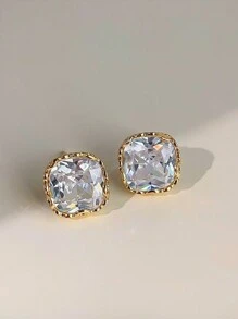 1 Pair Square Crystal Stud Earrings, Elegant Geometric Fashion Jewelry For Daily Wear Women