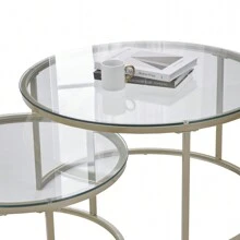 31.5" Glass Nesting Coffee Table Set Of 2, Small Glass Round Nesting Tables For Living Room Bedroom, Accent Tea Table With Metal Frame Modern Industrial Simple - Vàng - Xem 5