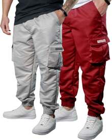Set Of 2 Men's Jogger Pants With Pockets, Cargo, Windbreaker, Skate, Burgundy/Gray - Multicolor - View 1