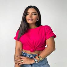 Women's Short Sleeve Blouse Folded Japanese Sleeve Viscolycra T-Shirt - 玫紅色 - 查看 1