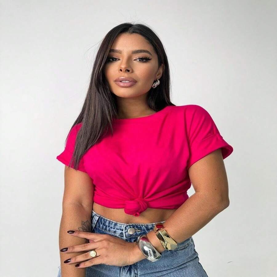 Women's Short Sleeve Blouse Folded Japanese Sleeve Viscolycra T-Shirt - 玫紅色 - 查看 1