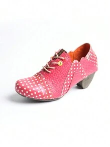 1 Pair Of Ladies Leather Polka Dot Shallow High Heel Single Shoes Fashion Retro Wear Autumn And Winter New Leather Shoes - 紅色 - 查看 2