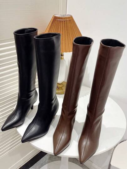 棕色过膝长靴，尖头高筒马靴，简约性感修身高跟靴，秋冬新款紧身靴，派对必备